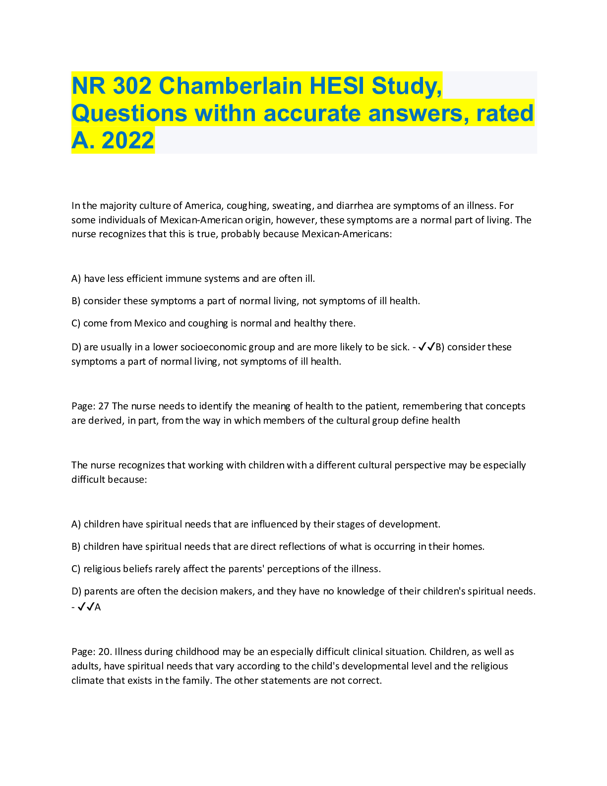 Preview image of NR 302 Chamberlain HESI Study(with complete solutions) document